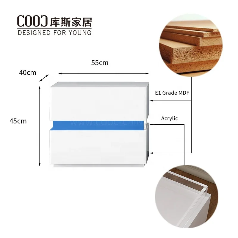 شحن لاسلكي فندق أكريليك خشبي أبيض حديث Led حامل ليلي ذكي بجانب السرير منضدة #4