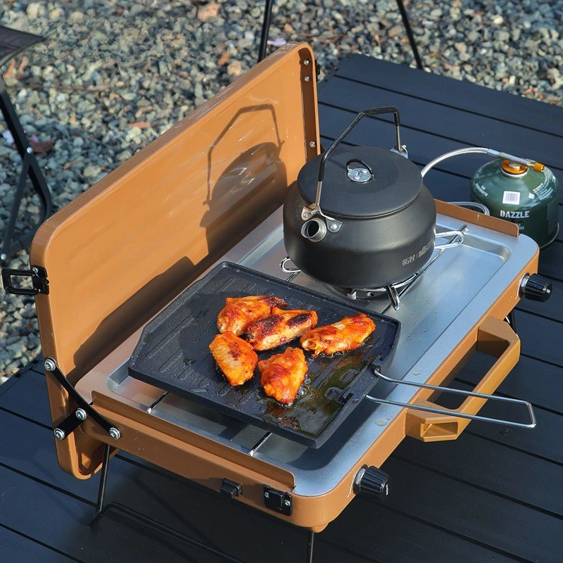 Portable Propane Outdoor Camping Gas Stove Set with Roasting Pans Hot Pot BBQ Grill High Altitude Stainless Steel for 3-5 People