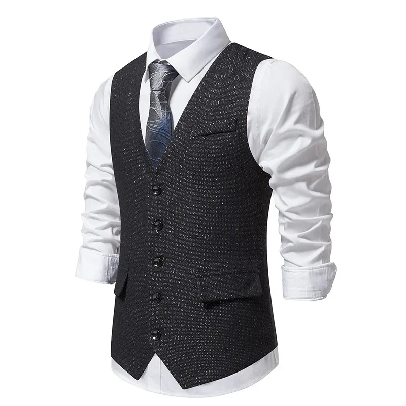 Men Vintage Black Suit Vest 2023 Brand Elegant Herringbone Tweed Suits Vests Waistcoat Men Party Wedding Prom Chaleco Hombre XXL