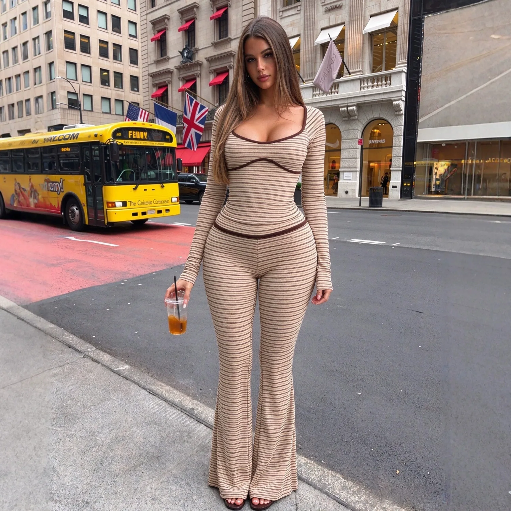 2026 New Women Y2K Striped Outfit U Neck Low Cut Long Sleeve Fitted Top Slim Flare Pants Two Piece Set Hot Girl Stylish Figure