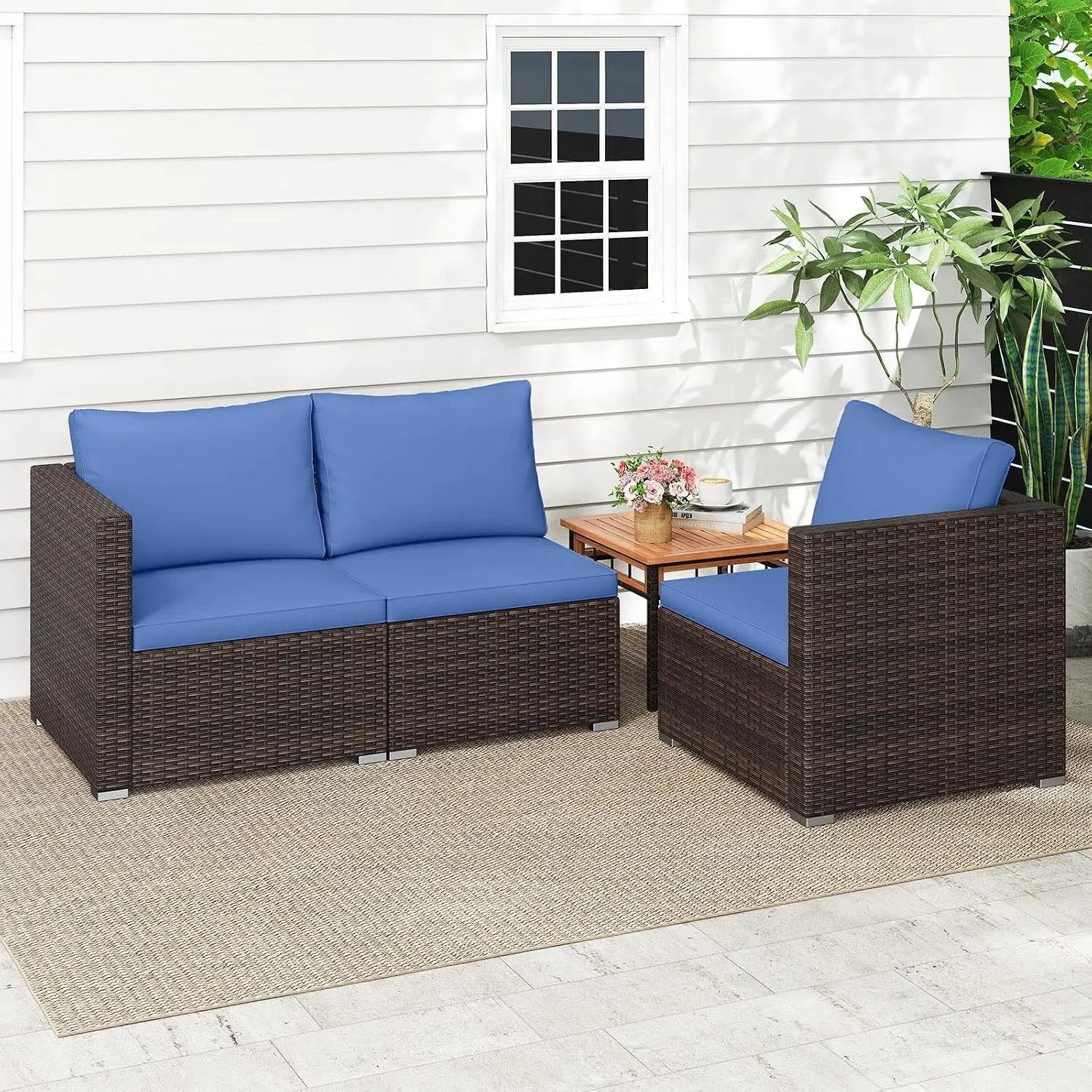 3-Seat Outdoor Wicker Sofa Set, Modular PE Rattan Patio Cushioned Sectional for Deck Backyard Porch Garden Poolside, Customized