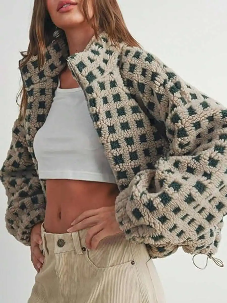Womens Cute Fleece Jacket Fuzzy Zip Up Checkered Cropped Going Out Jacket Teddy Casual Y2K Outerwear
