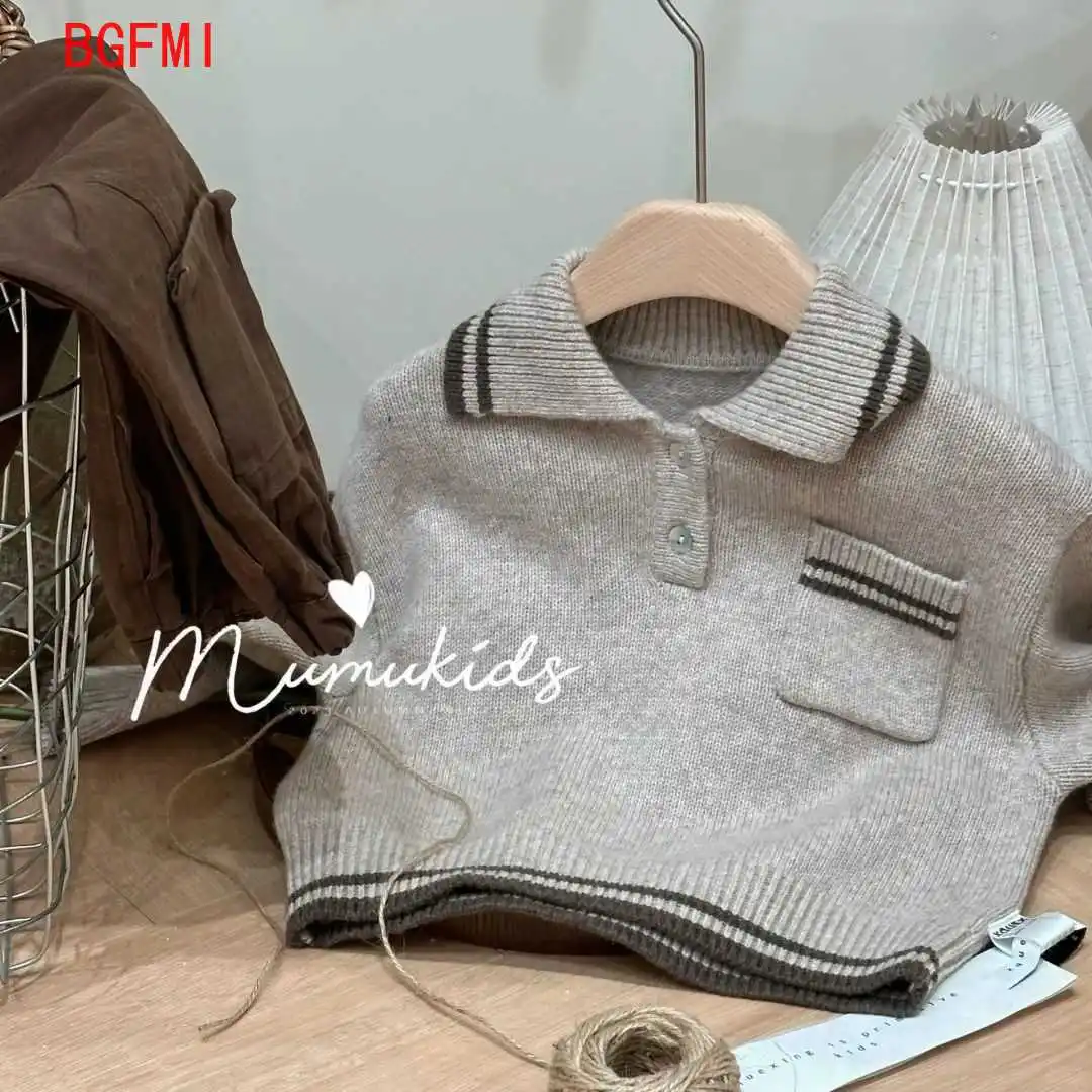 Korean Children's Clothing Boys Polo Collar Sweater Autumn Winter Kids Versatile Fashion Pullover 1-11Y Baby Knitted Shirt Top
