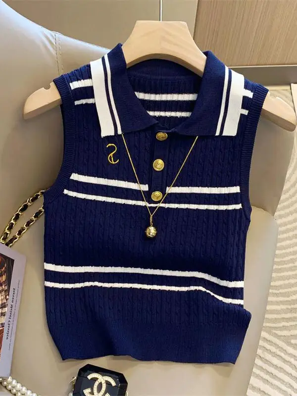

Elegant Sleeveless Neck Vest Women's Summer New Style Korean College Style Delicate Top Cut Label Dark Blue Color