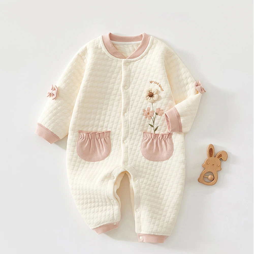 My First Christmas Baby Girl Romper Long Sleeve Quilted Warm Autumn Winter Infant Clothing Floral Cute Newborn Baby Jumpsuit