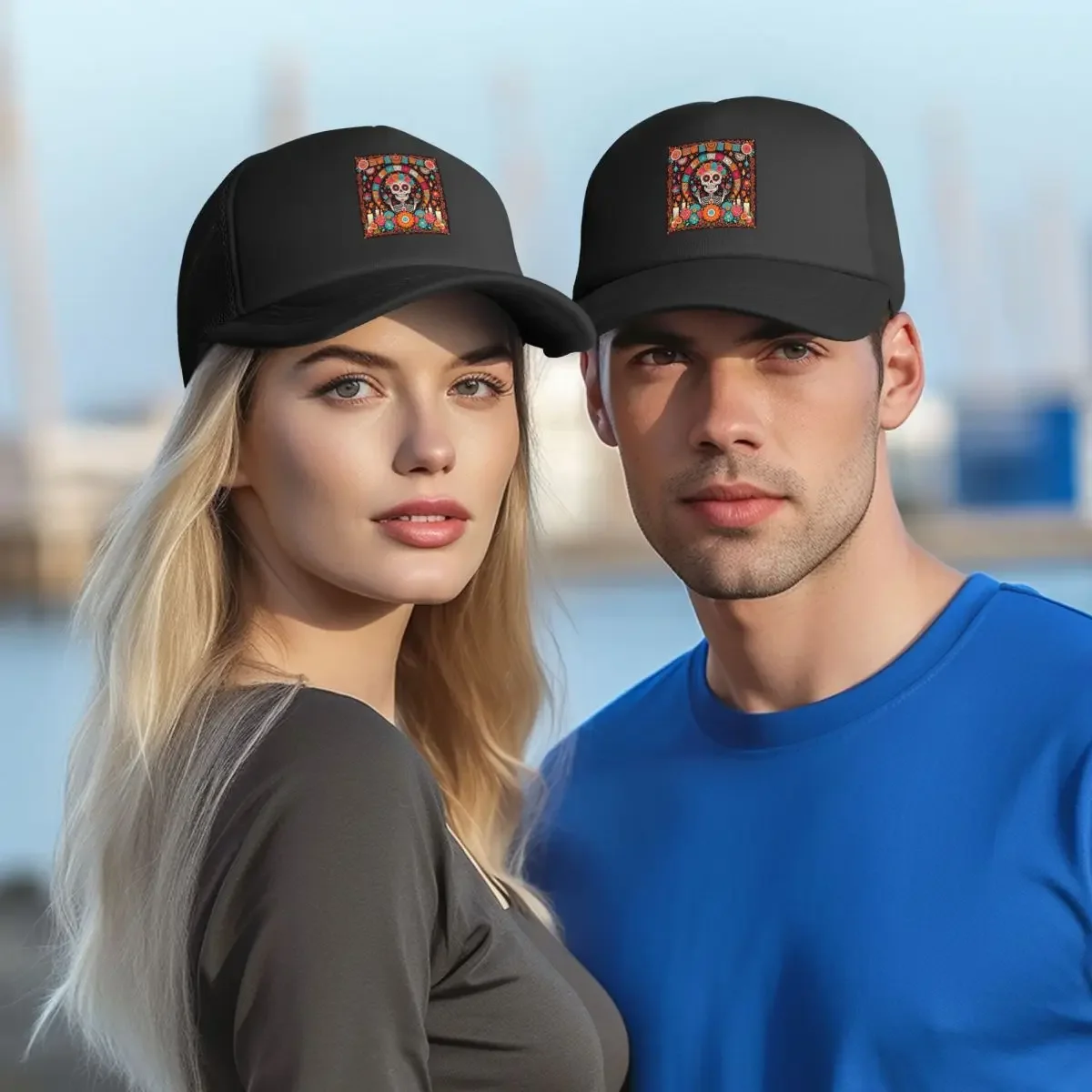 Mexican Skull Calavera Illustration  Mesh Baseball Caps Snapback Fashion Baseball Hats Breathable Casual Casquette Outdoor