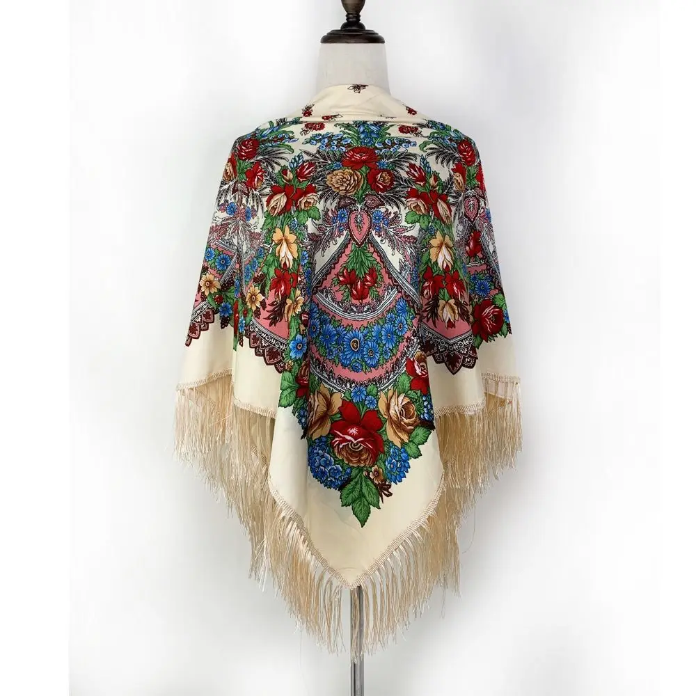 Luxury 130x130 cm Square Scarf Cotton Twill Floral Print Fringed Shawl with Tassel Vintage Ethnic Style Scarf Travel