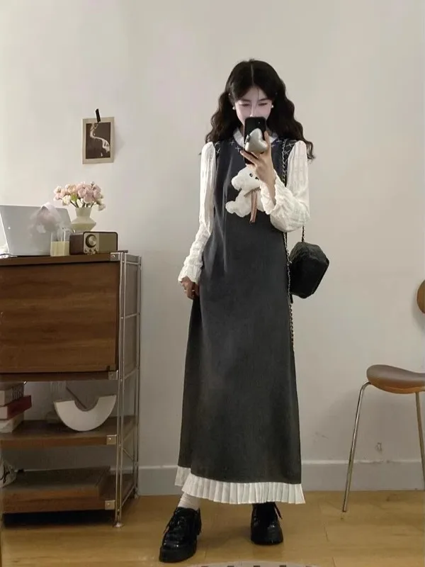

plus Size Women's Vintage High Waist A-Line Long Dr with Vest Autumn New Sle Woolen Clothing Korean Sle Commute Wind