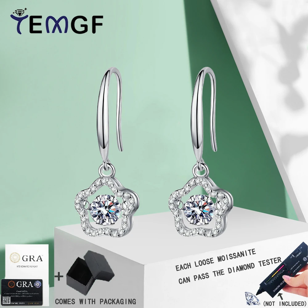 

TEMGF S925 Sterling Silver Drop Earrings for Women 5mm Moissanite/Zircon Plum Blossom Design Pendant Shiny Fine Jewelry 1CT/Pair