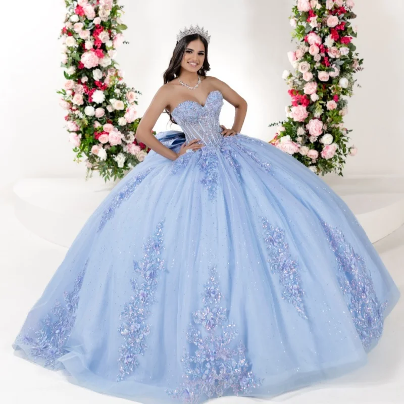 Glanzende hemelsblauw Quinceanera Jurk off-shoulder Kant kristal 3D bloem decal Lange staart Boog vestidos de 15 Quinceanera ﻿ Aanpassen