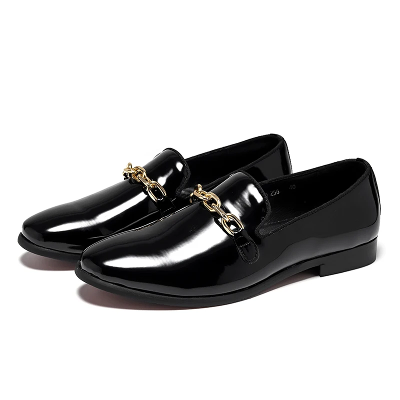 Fashion Black Patent Leather Men's Loafers With Gold Metal Chain Buckles Comfortable Slip-On Slippers Plus Size Moccasin Shoes