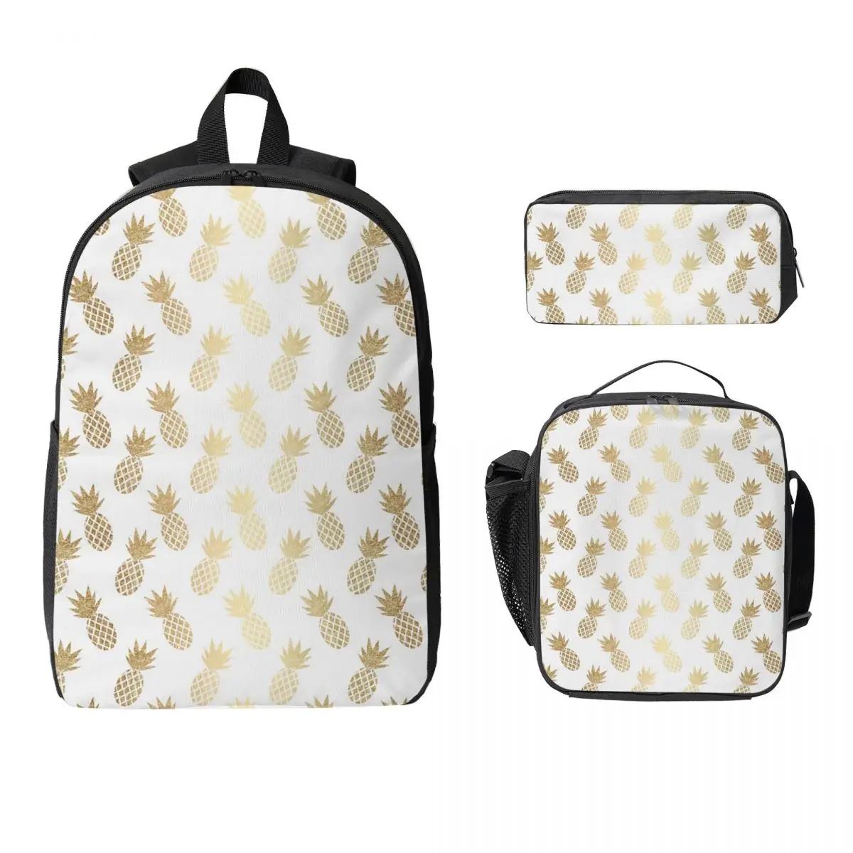 

Gold Pineapple Pattern Backpack Student Boys Girls BookBag School Bag Laptop Shoulder Bags 3ps Insulated Lunch Bag Pencil Case