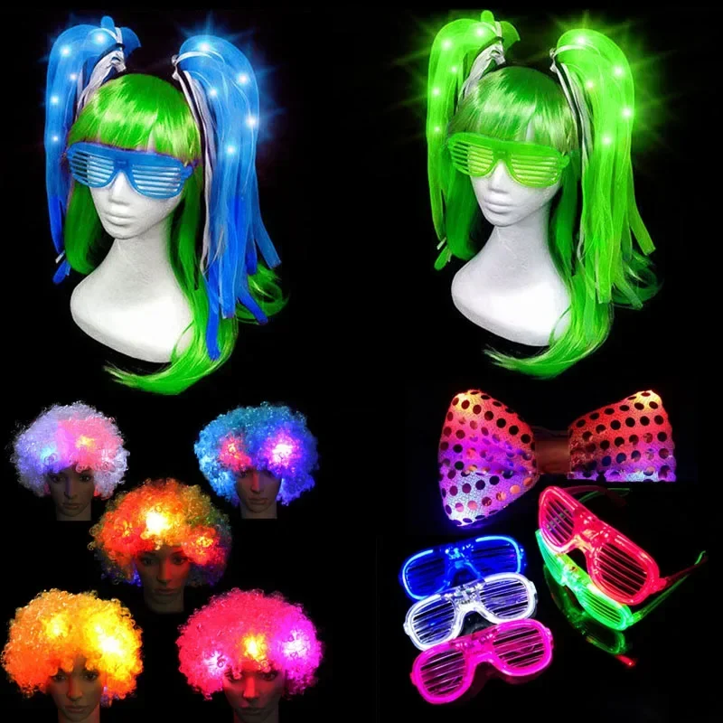 Glow Hair Braid Glasses Blink Bow Light Curly Party Clown Explosion Wig Cosplay Birthday Costume Christmas Halloween Festival