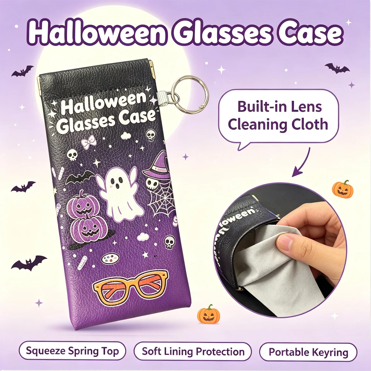Halloween Ghost Pumpkin Soft Glasses Case For Women, Glasses Pouch Built-in Lens Cloth Anti-scratch Eyewear Care Bag