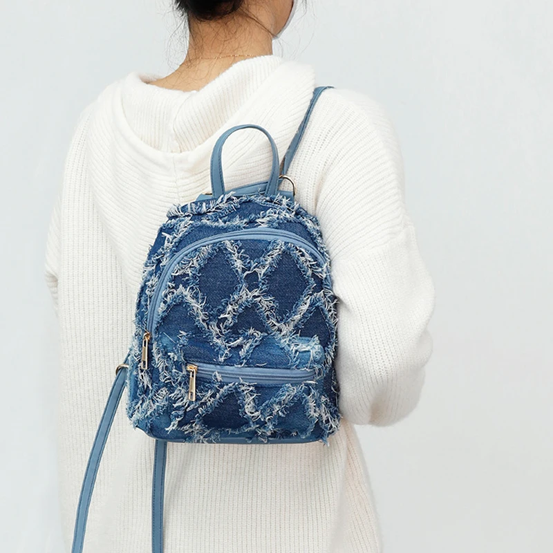 iPinee Rhombic Double-Layer Tie Dye Denim Backpack Small European American Style Single Shoulder Messenger Bag for Youth