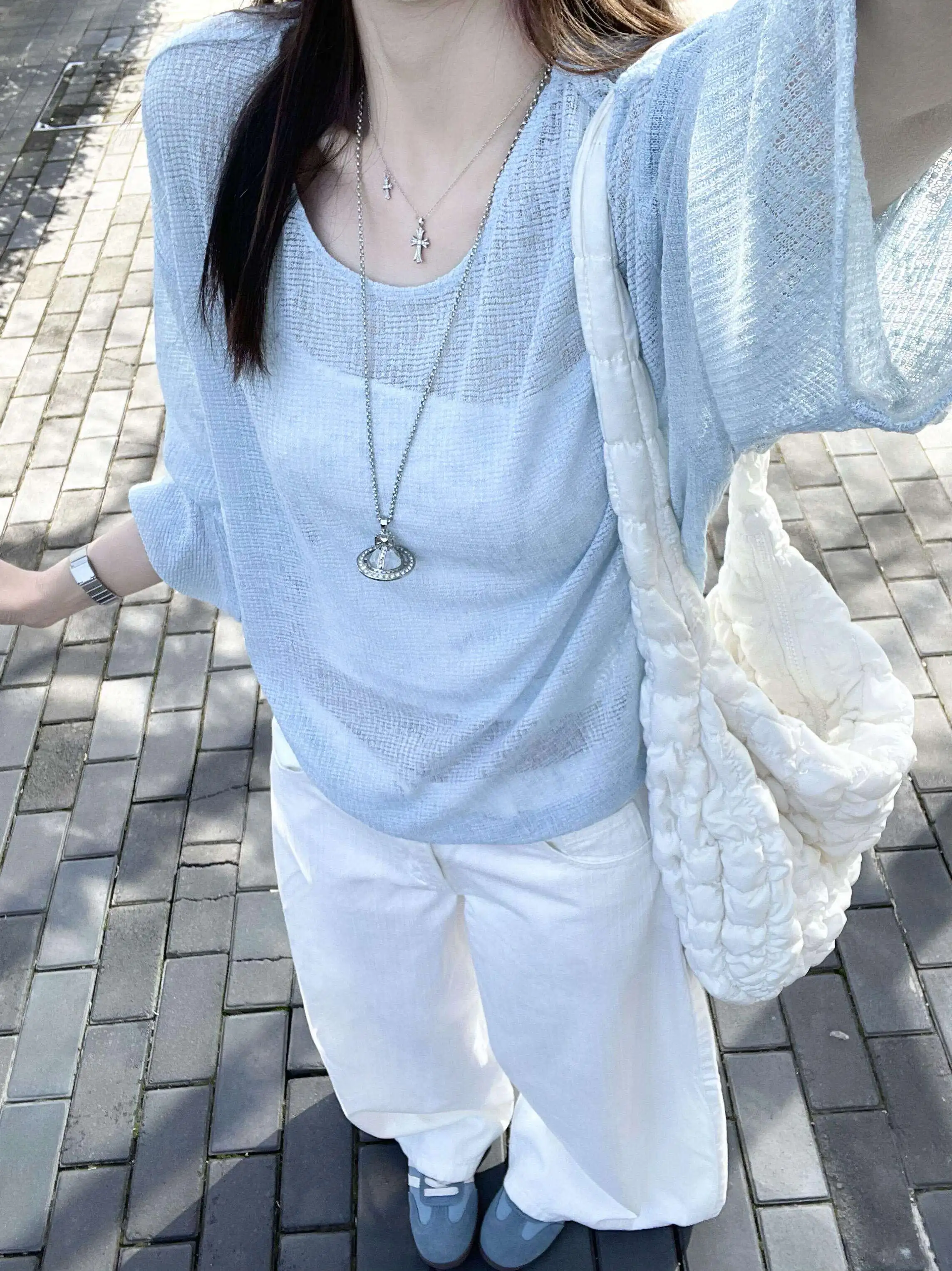 Summer New Style Dopaamine Blue Hollow out Loose Thin Sun Protection Shirt Micro Transparent Slimming Versatile Top INS Style