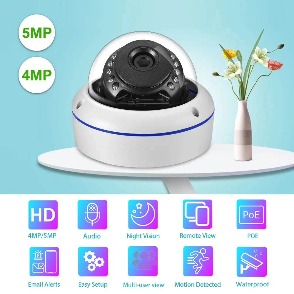 Gadinan 5MP 4MP Security 2.8mm Lens Wide Angle CCTV Outdoor Audio Dome Surveillance IP Camera Night Vision Email Alert 48V POE