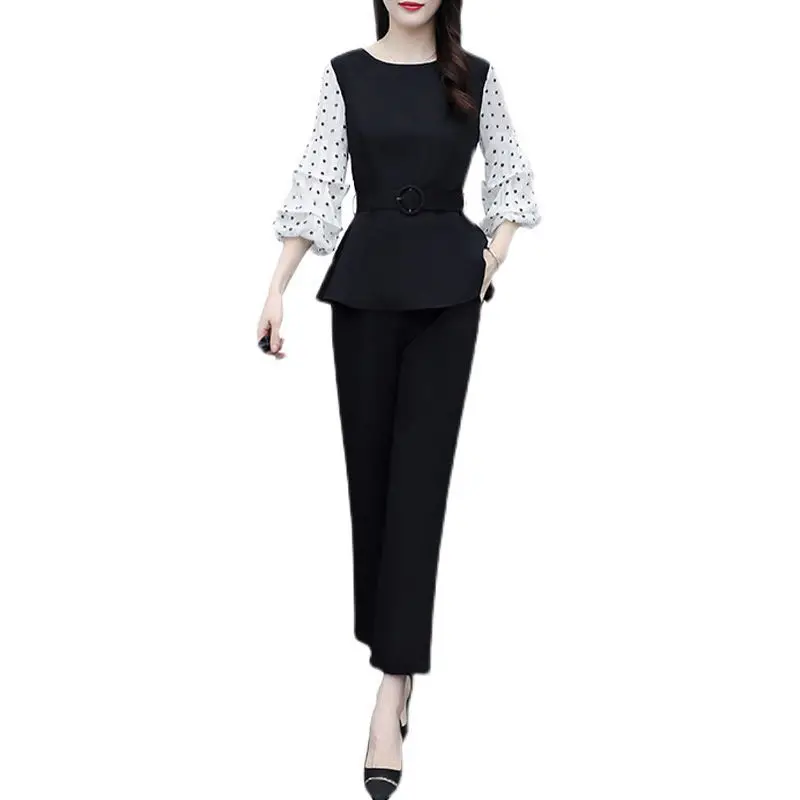 New Waist Closing Slim Wave Point Top Office Professional Harlan Pants Age Reduction 2 Piece Set Temperament Women Suit