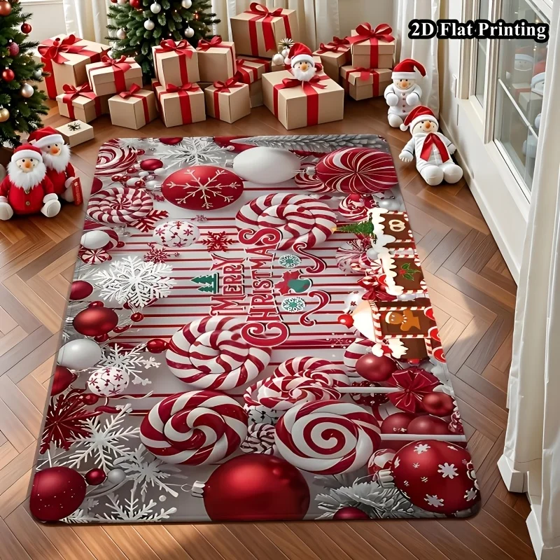 Candy Cane Xmas Rug Apartment Lounge Space Red White Ball Pattern Soft Blanket Holiday Fireplace Side Ground Decoration Mats