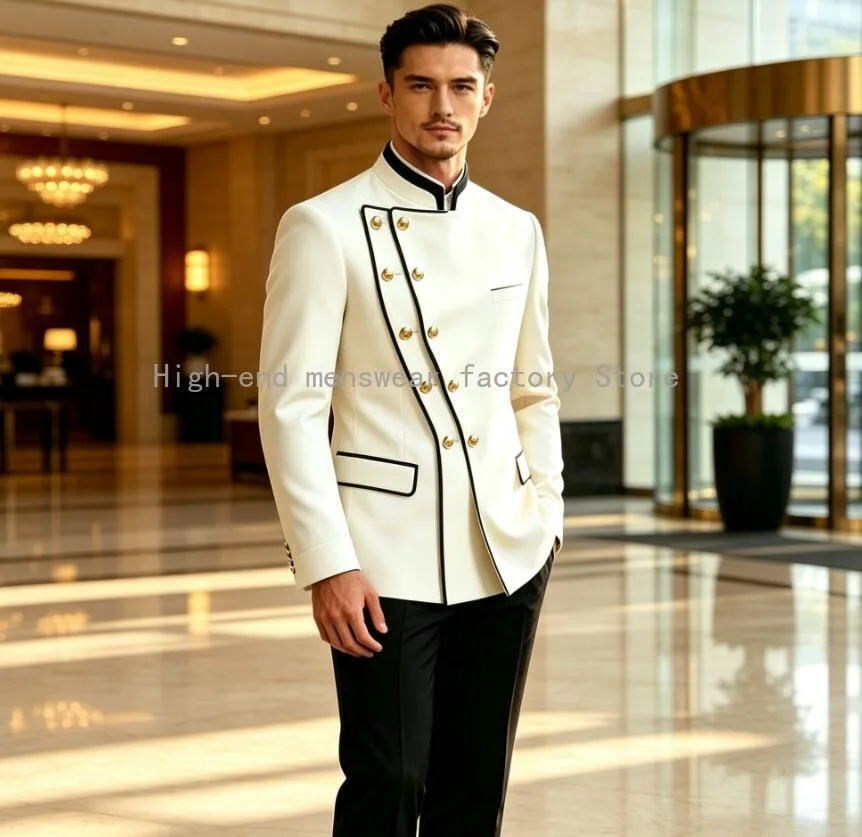 Men Stand Collar Suit Gold Buttons Slim Fit White Jacket +Color Matching Pants 2 Piece Wedding Groom Tuxedo Party Formal Costume
