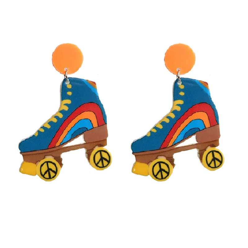 Fashion Earrings Retro Roller Skating Shoes Earrings Rainbow Peace Smiley Face Flowers Bright Oil Acrylic earrings Earrings Hot