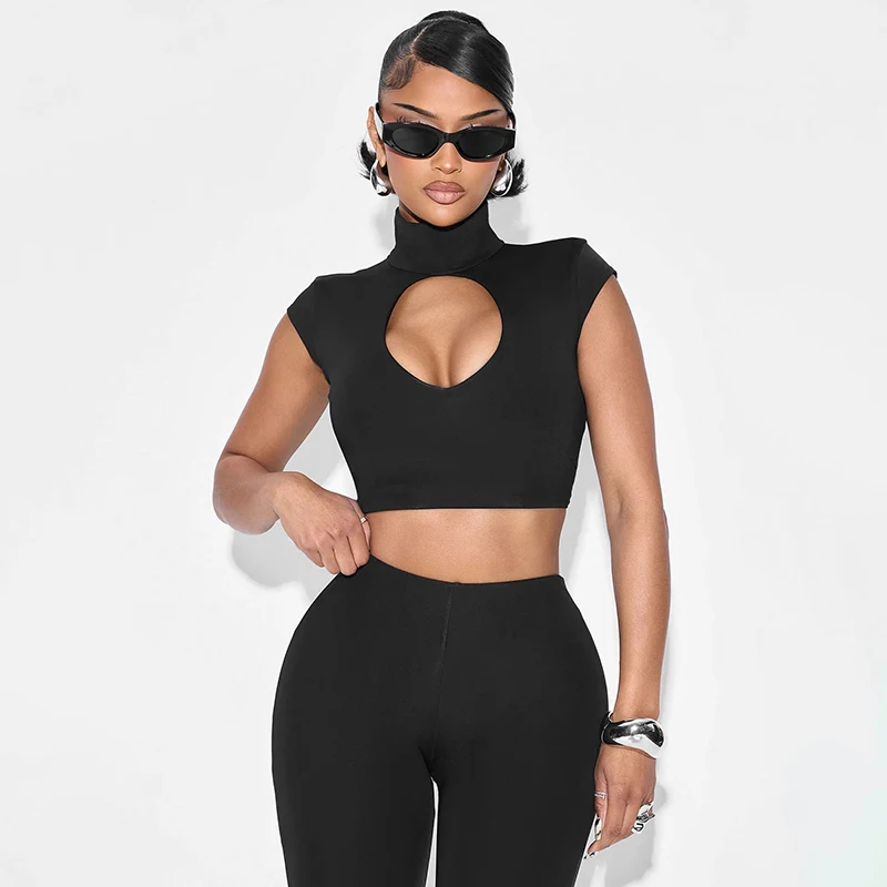 CUTENOVA المرأة نصف عالية الرقبة المستديرة الجبهة الجوف خارج قصيرة الأكمام المحاصيل الأعلى عالية الخصر نحيل سبع نقاط فستان أطفال مع سروال داخلي الإناث #3