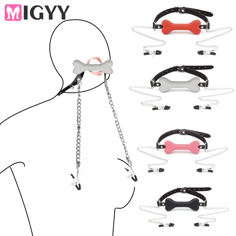 Silicone Cute Solid Dog Bone Ball Gag With Iron Chain Clips Breast Nipple Clamp BDSM Oral Bondage Restraints Set Flirting Fetish