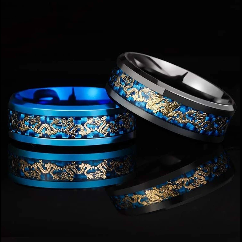 Fashion 8mm Men Stainless Steel Dragon Ring Vintage Punk Chinese Dragon Pattern Carbon Fiber Rings For Men Wedding Party Jewelry