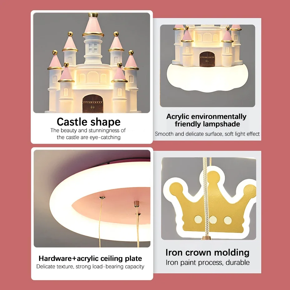 Girl\'s Bedroom Cartoon Creative Pendant Light Pink Fantasy Castle Crown LED Chandelier for Children\'s Room Hanging Lamp Fixtures