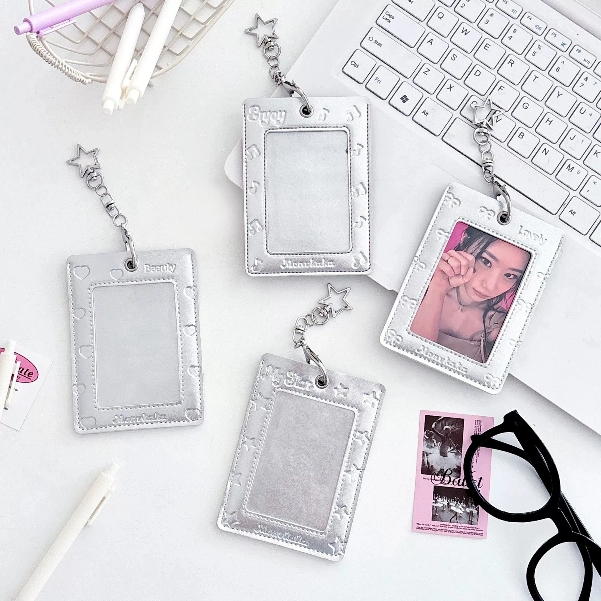 MINKYS Cute PU leather Silver 3 inch Kpop Photocard Holder Photo Card Bus Card Holder Bag Pendant Back To School Stationery