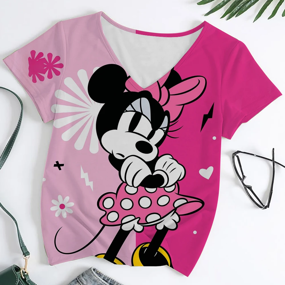 

Summer Casual Loose Women's Disney Mickey Mouse Print T Shirt Graphic Print V Neck Basic Top Fashion 3d Print Plus Size Clothing