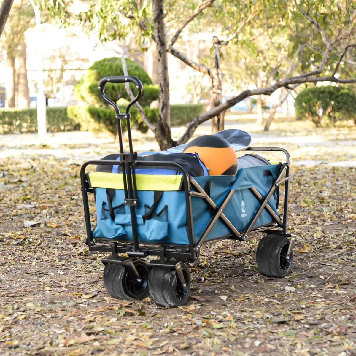 Carrinho de praia dobrável resistente, vagão de praia dobrável com rodas grandes para todos os terrenos, carrinho de praia utilitário para acampamento