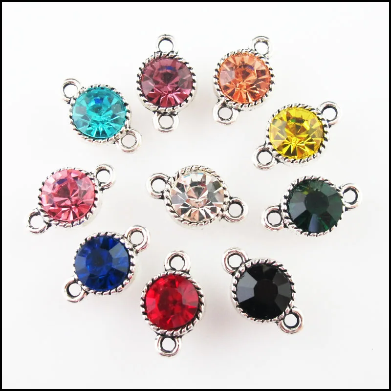 Fashion 10Pcs Mixed Crystal Tibetan Silver Plated Round Circle Charms Connectors 10x16mm