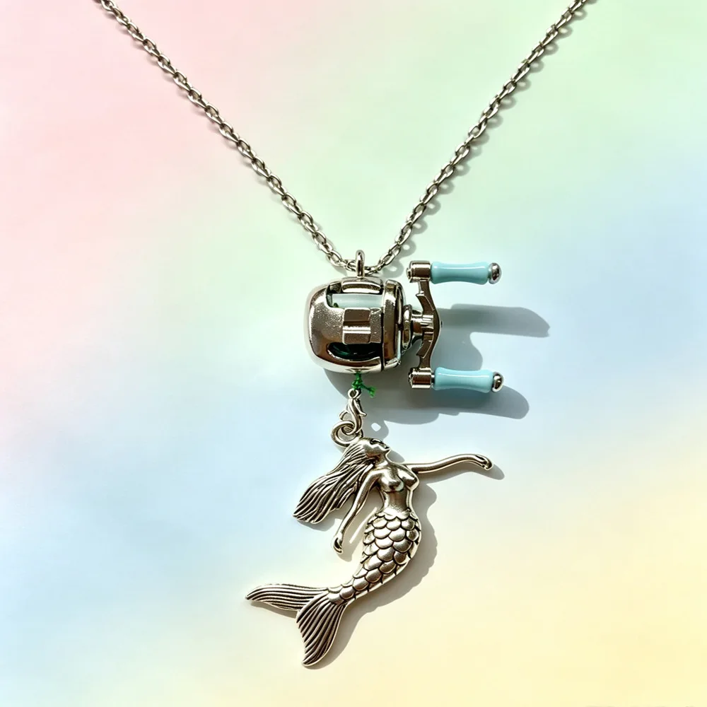 New Mini Mermaid Fishing Reel Pendant Necklace Ring Set for Men, Hip Hop Unique Design Fishing Jewelry Valentine's Day Gift