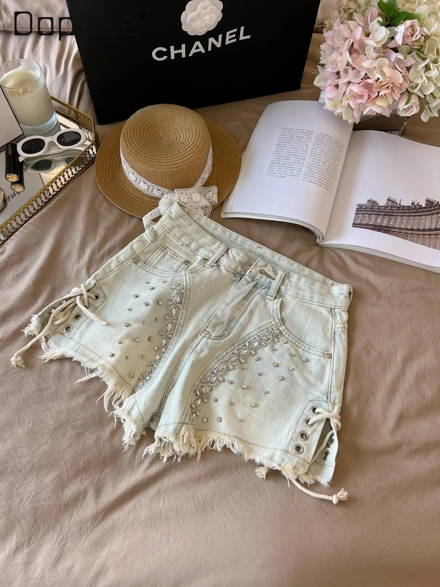 여름 중공업 다이아몬드 박힌 분할 술 하이 웨이스트 슬림 청바지 통근 스타일 패션 다목적 섹시한 청바지 여성