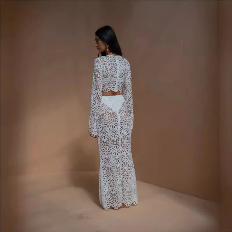 Women Sexy Lace Hollow Out Short Top Skirt Two Piece Sets Female Casual Beach Vacation Fashion New Elegant Slim Summer Dress Set