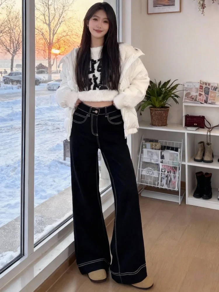 

Bla Fce Lined Thi Прямые джинсы Bell Bot Женские зимние новые брюки больших размеров с широкими штанинами длиной до пола Повседневная одежда