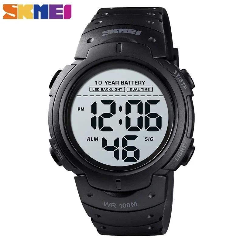 SKMEI-Montre-bracelet de sport numérique étanche pour homme, horloge de fitness, 2 temps, 10 ans, batterie, 1560 m, 100