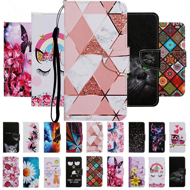 Flip Case For Huawei Y5P Y6P Y7P DRA-LX9 MED-LX9 ART-L28 Case For Y7P Leather Wallet Book Cute Anime Flower Cat Phone Cover Case