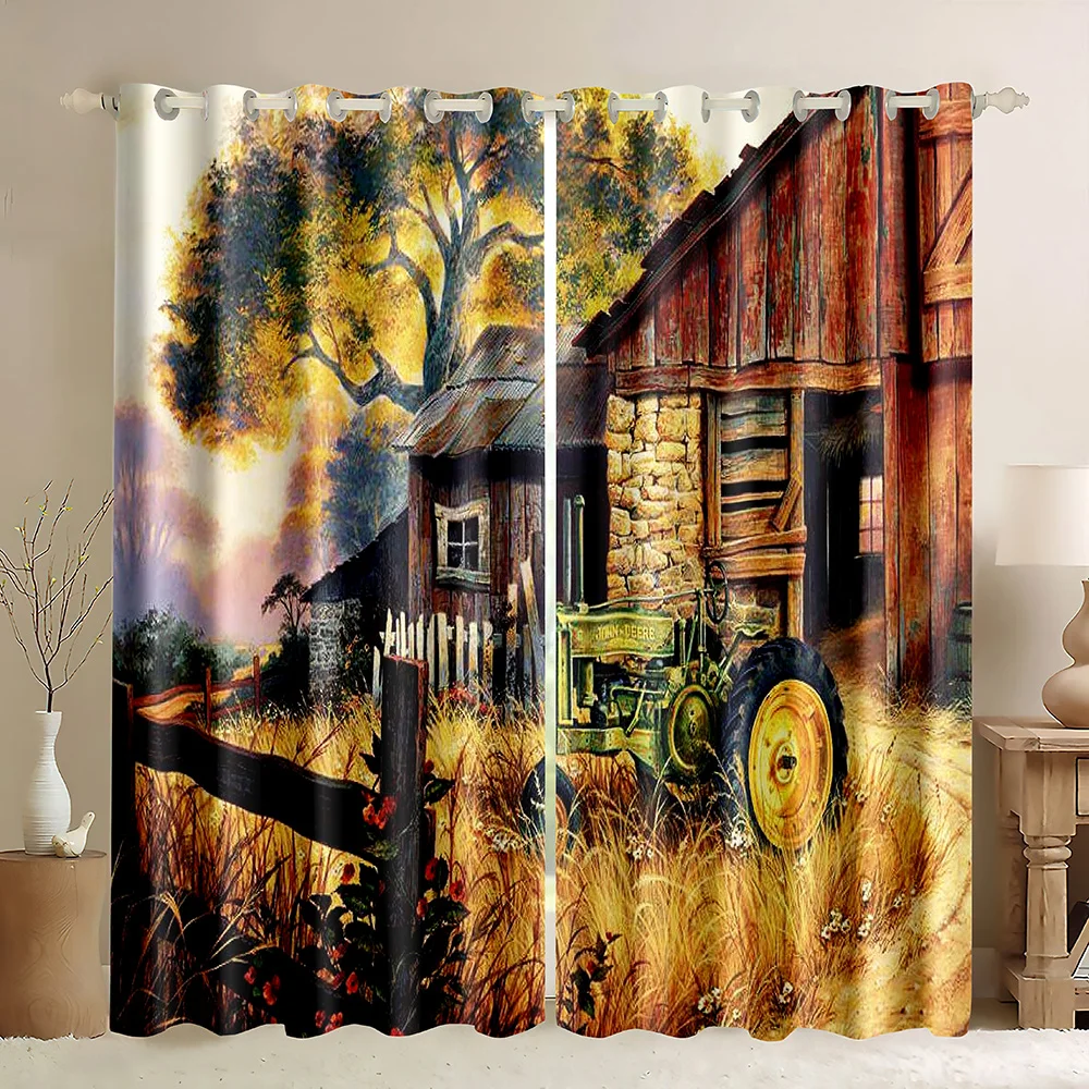 Tractor Window Curtain,Retro Cabin Rustic Vintage Tractor Farmhouse,Rural Tractor Tire Engine Farm Equipment Blackout Curtains