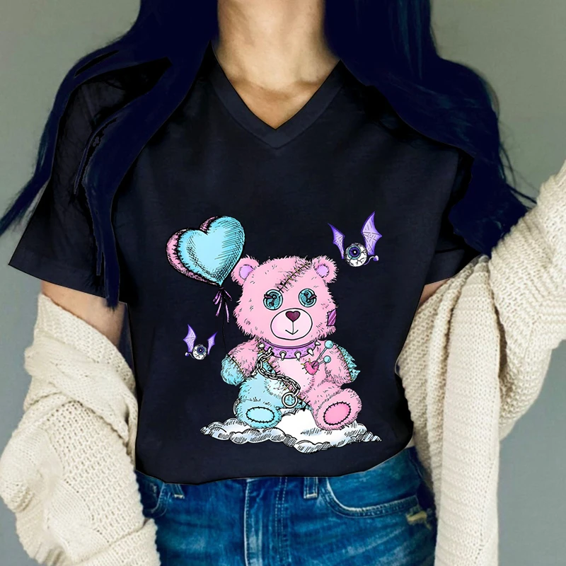 Women’s Tshirt Graphic Creepy Spooky Pink Teddy Bear Casual V-neck T Shirts Harajuku Fashion Short Sleeve Classic Female T-Shirt