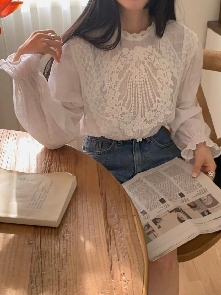 Chic début automne Vintage Court Sle dentelle garniture ample longue Sve femmes irt col montant cloche Sve trajet Faion