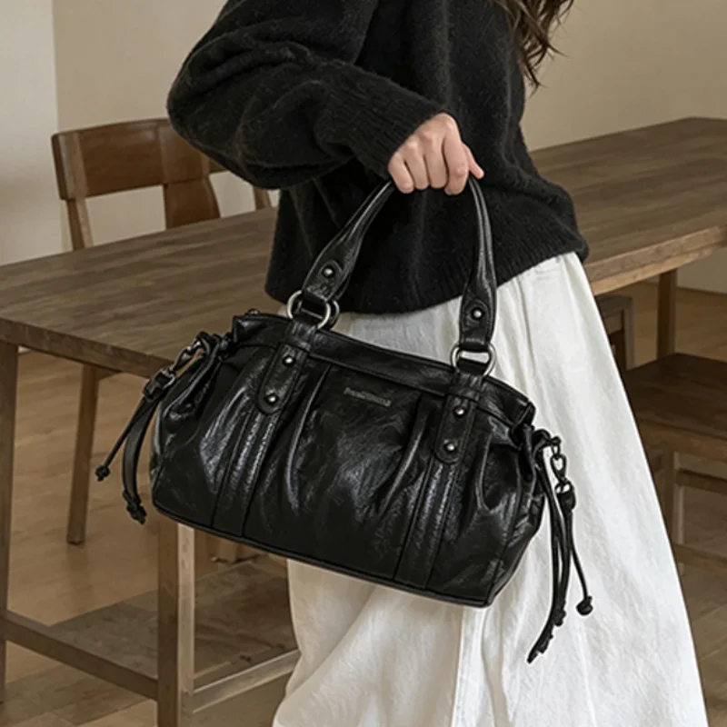 Vintage Luxury Stone Texture Ruched Shoulder Bag Women Drawstring Design Tote Bag High Quality Solid Color Multi-pocket Handbag