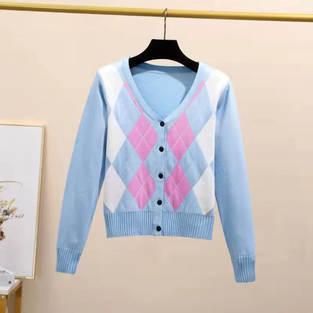 Go Girl Go Damen-Strickjacke im amerikanischen Retro-Stil mit V-Ausschnitt, langärmelig, gestrickte Oberbekleidung, kurze Top-Jacke für den Herbst im rhomboid-Stil