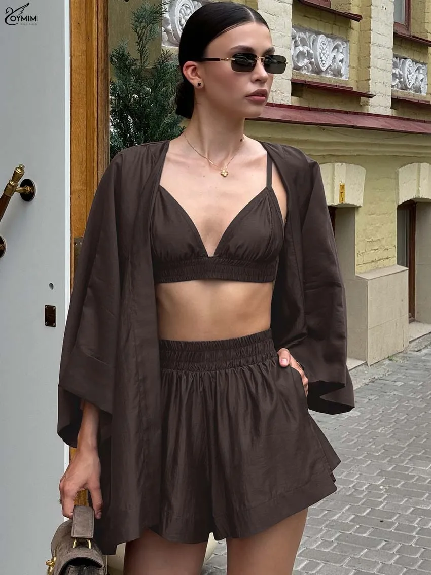 

Oymimi Fashion Brown 3 Pieces Set For Woman Casual Puff Sleeve Shirts And Spaghetti Strap Bra + Pockets Loose Shorts Female Sets