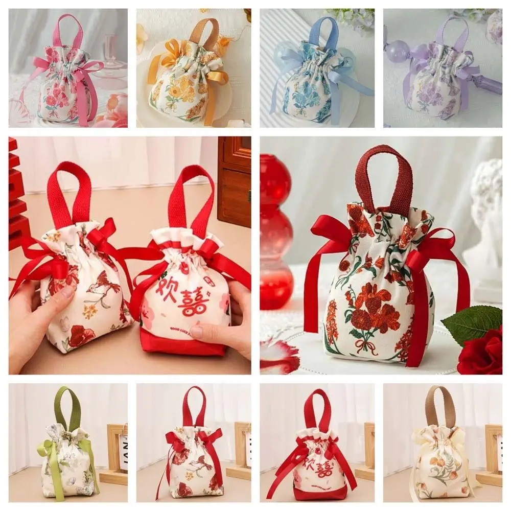 Bird Canvas Drawstring Bag Floral Korean Style Festive Sugar Bag Large Capacity Coin Purse Wallet Small Flower Wrist Bag Outdoor