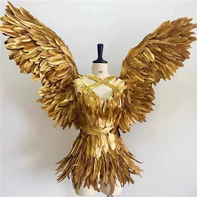 Halloween Costume for Women Sexy Gold Feather Dress Wings Angel Cosplay Stage Show Party Performance Wear Carnival Festival Rave