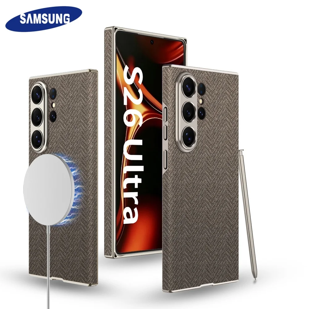 Matte Curved Plain Leather Soft for Magsafe Camera Protector Military Armor Phone Case for Samsung S26 Ultra Magnetic Back Cover