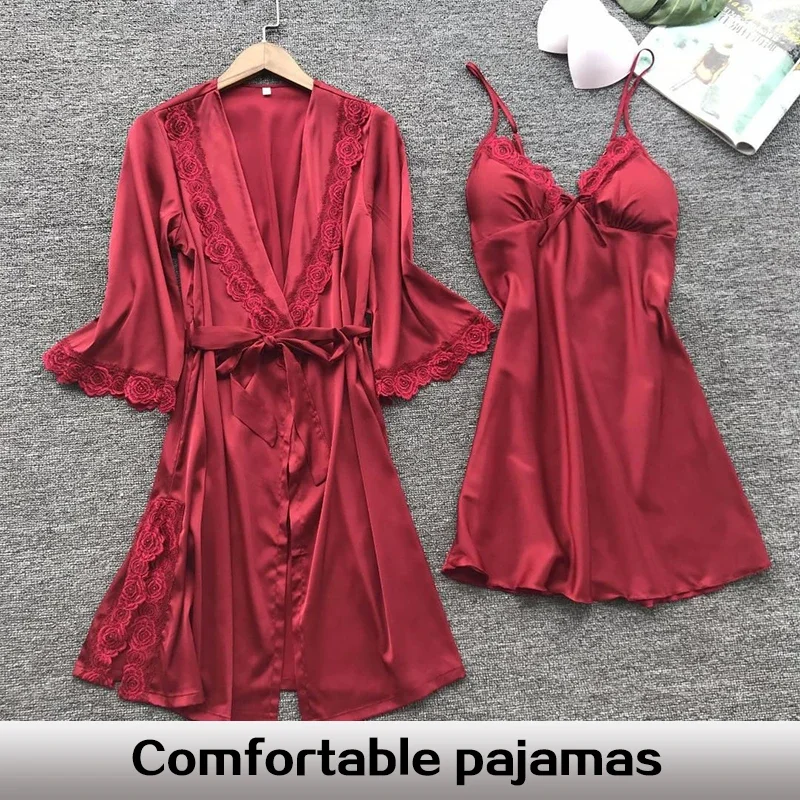 Leepwear Female Pajamas Set Satin Home Pyjamamas Lace Robe Sleep Suit V-Neck Wedding Nightwear Wear Nighty&Rob