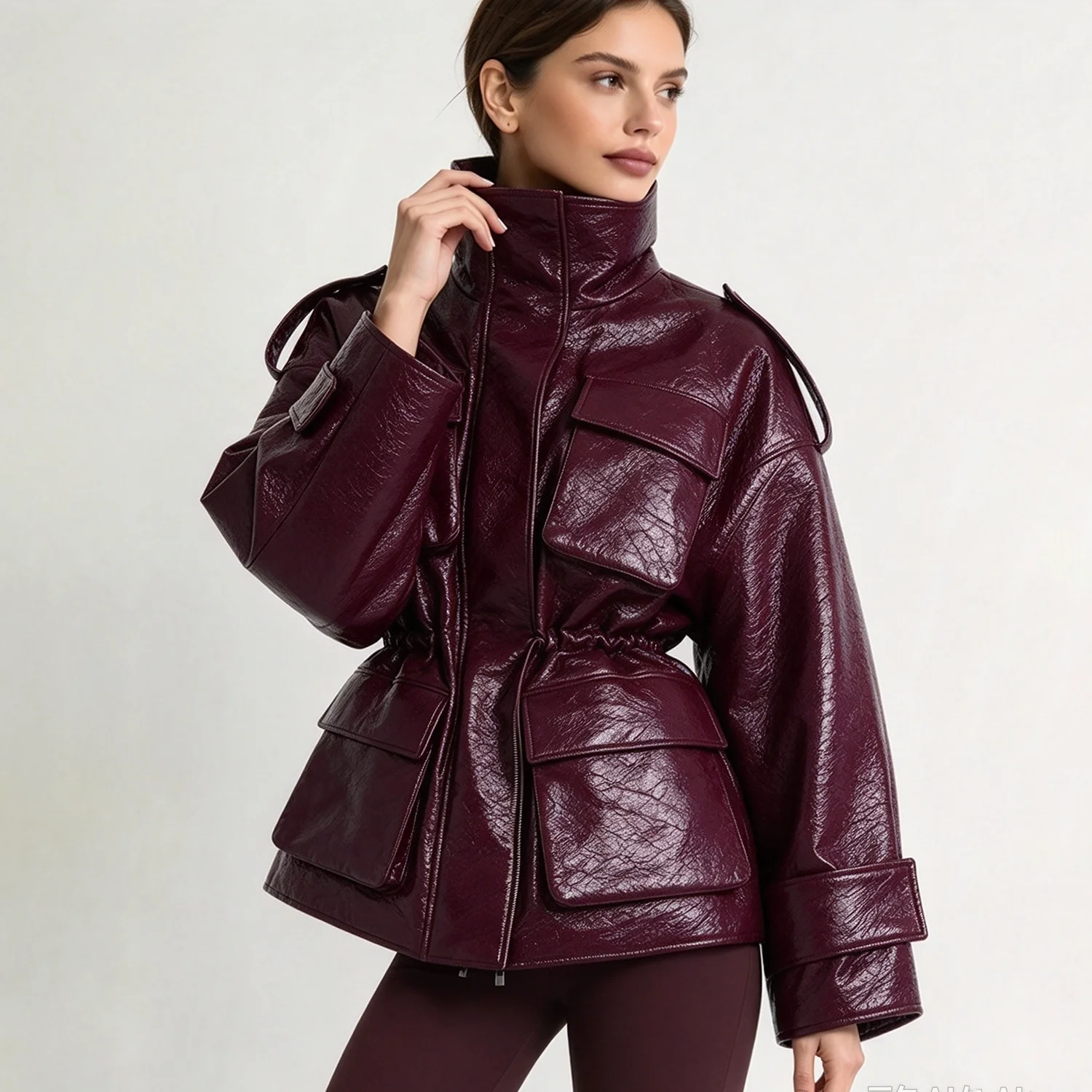 LIMO Women Glossy Faux Leather Jacket Stand Collar Oversized Multi Pockets Coat